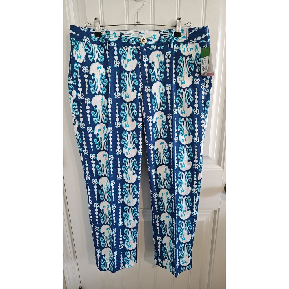 Women Size 10 Lilly Pulitzer Blue White Medusa Octopus Cotton Crop Pants Preppy